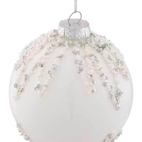 4" White and Silver Sequins Christmas Glass Ball Ornament
