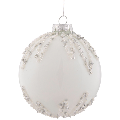 4" White and Silver Sequins Christmas Glass Ball Ornament