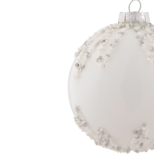 4" White and Silver Sequins Christmas Glass Ball Ornament