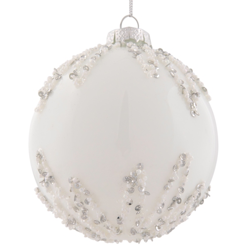 4" White and Silver Sequins Christmas Glass Ball Ornament