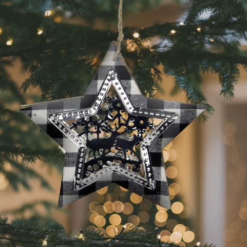 5" Black Buffalo Plaid Star with Reindeer Christmas Ornament