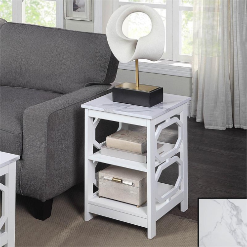 Omega End Table with Shelves with White Faux Marble Top and White Wood Finish
