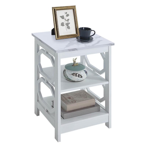 Omega End Table with Shelves with White Faux Marble Top and White Wood Finish