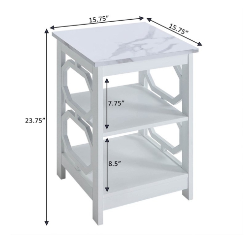 Omega End Table with Shelves with White Faux Marble Top and White Wood Finish