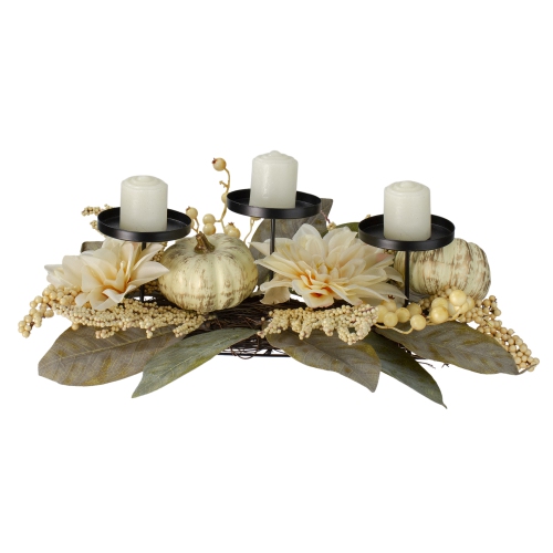 NORTHLIGHT  21" Dahlia And Pumpkin Fall Candle Holder Centerpiece In White