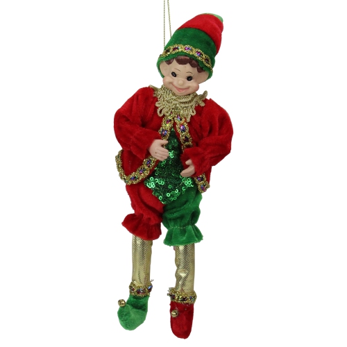 Bendable Elf in a Suit Hanging Christmas Ornament - 12" - Red and Green