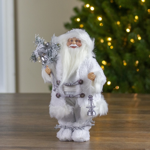 12" Elegant White Frost Standing Santa Claus Christmas Figure with Lantern