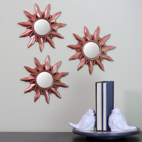Set of 3 Mayan Sunburst Matte Copper Round Mini Mirrors 9.5"
