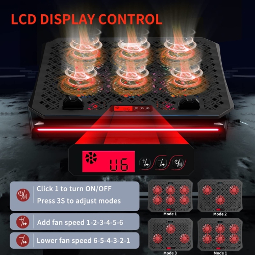 AICHESON Laptop Cooling Pad with 6 Cooler Fans with Red Lights, LCD Display, 2 USB Ports