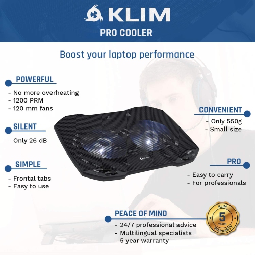 ?? KLIM Pro Laptop Cooling Pad - The Most Powerful Slim PC Fan Cooler for Computer - Rapid Cooling Action - 2 Fans Ventilate