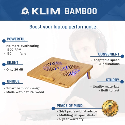??KLIM™ Bamboo - Laptop Cooling pad - Adjustable Speed - Cooling Stand with Fans and Bamboo Structure, for laptops Between 1