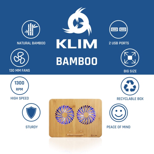 ??KLIM™ Bamboo - Laptop Cooling pad - Adjustable Speed - Cooling Stand with Fans and Bamboo Structure, for laptops Between 1