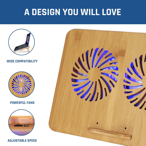 ??KLIM™ Bamboo - Laptop Cooling pad - Adjustable Speed - Cooling Stand with Fans and Bamboo Structure, for laptops Between 1