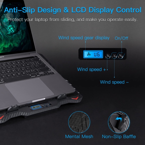 Laptop Cooling Pad, Laptop Cooler with LED Light 6 Quiet Laptop Fan 5 Adjustable Height and Phone Holder, Dual USB Port 3 Modes Laptop Fan Cooling