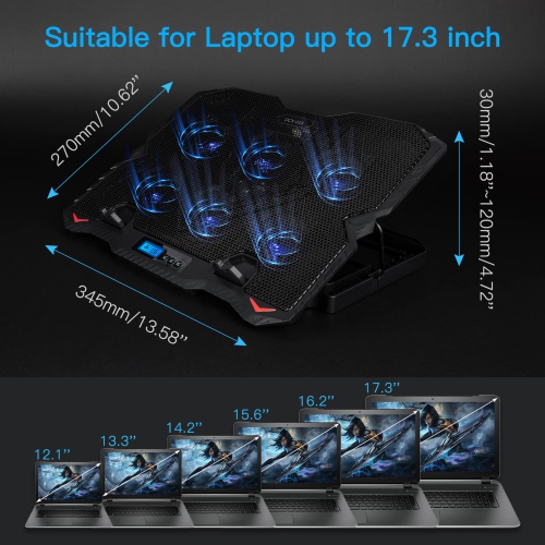 Laptop Cooling Pad, Laptop Cooler with LED Light 6 Quiet Laptop Fan 5 Adjustable Height and Phone Holder, Dual USB Port 3 Modes Laptop Fan Cooling