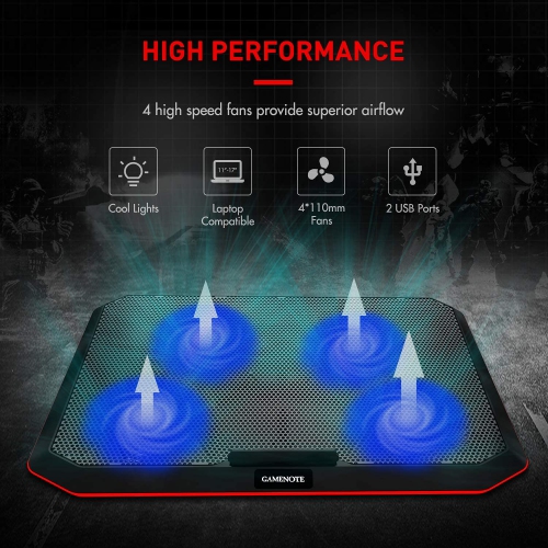 Gamenote Laptop Cooling Pad with 4 Fans for Up to 17 Inch Laptop, Cooler Pad with Blue LED Light, Dual 2 USB Ports and Adjus