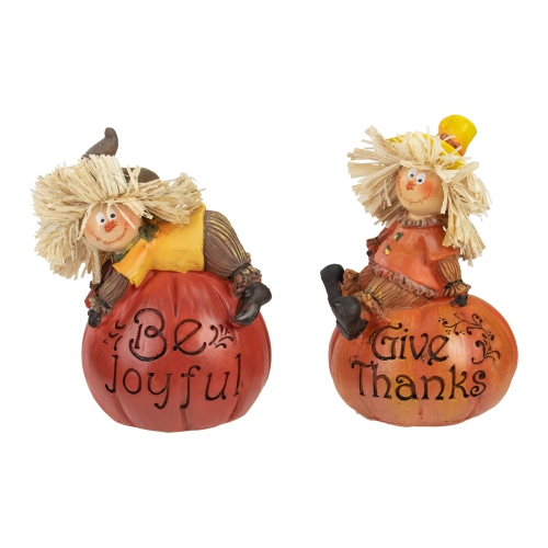 NORTHLIGHT  Set Of 2 Scarecrow On A Pumpkin Thanksgiving Table Figures