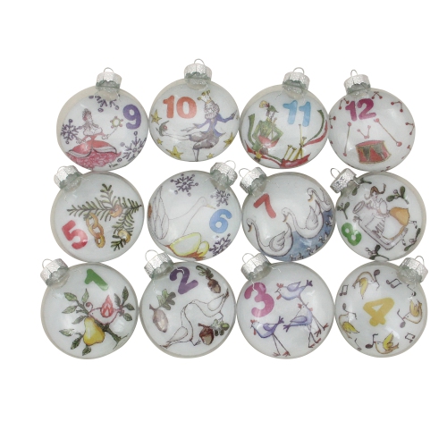 12ct Clear 'The Twelve Days of Christmas' Glass Disc Ornaments 3"