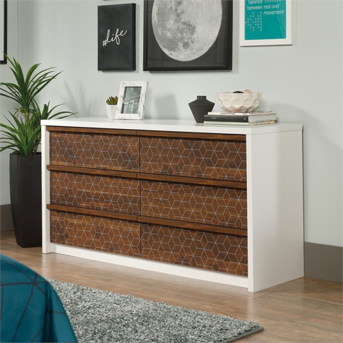 Sauder Harvey Park 6 Drawer Double Dresser in Soft White and Walnut