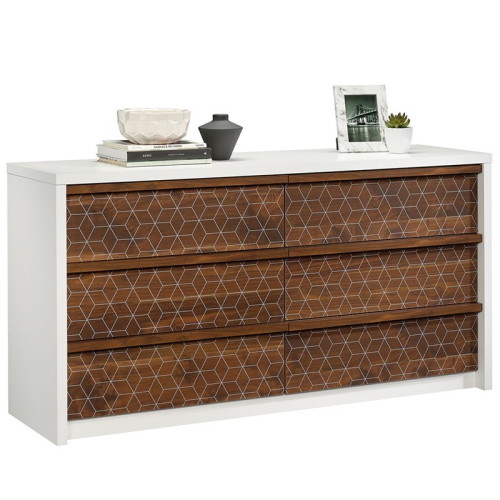 Sauder Harvey Park 6 Drawer Double Dresser in Soft White and Walnut