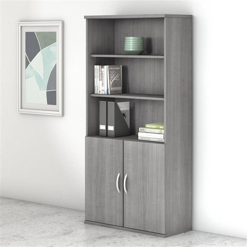 Studio C 5 Shelf Bookcase with Doors in Platinum Gray - Engineered Wood
