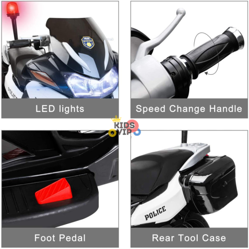 KidsVIP Kids Ride On Motorcycle Police Officer 24V Battery Powered Bike: Rubber Wheels, Leather Seat, 2 Riders, Music Player, Siren, Lights