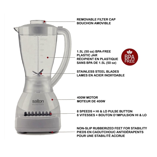 Salton Essentials 8-speed Blender with Pulse Button White