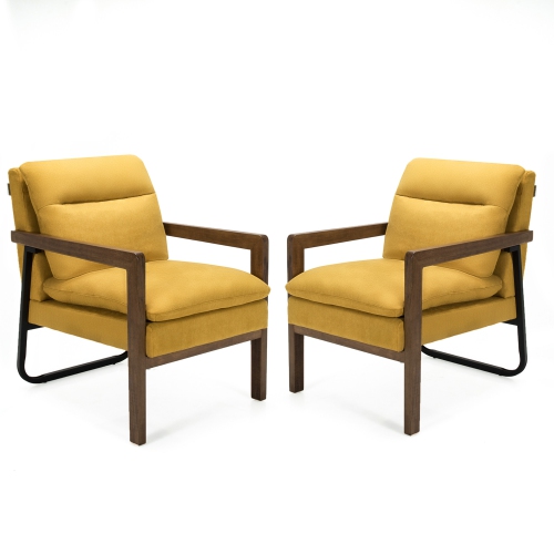 GYMAX  Set Of 2 Single Sofa Chair Leisure Accent Chair W/ Wooden Armrests & Legs In Yellow