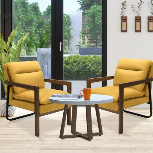 Gymax Set of 2 Single Sofa Chair Leisure Accent Chair w/ Wooden Armrests & Legs Yellow