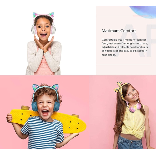 Dolaer Wireless Bluetooth Kids Headphones, Cat Ears Bluetooth Over Ear Headphones Volume Limiting,LED Lights, FM Radio, TF Card, Aux, Mic for iPhone/iPad/Kindle/Laptop/PC/TV (Purp