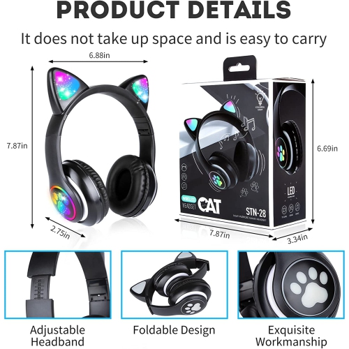 Dolaer Wireless Headphones, Cat Ear LED Light Up Foldable Bluetooth Headphone for Kids,Over-Ear Adjustable Stereo Girls and Boys Headsets with
