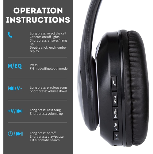 Dolaer Wireless Headphones, Cat Ear LED Light Up Foldable Bluetooth Headphone for Kids,Over-Ear Adjustable Stereo Girls and Boys Headsets with