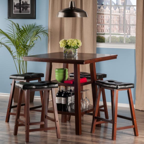 Orlando 5-Pc High Table with Cushion Seat Counter Stools, Walnut and Black
