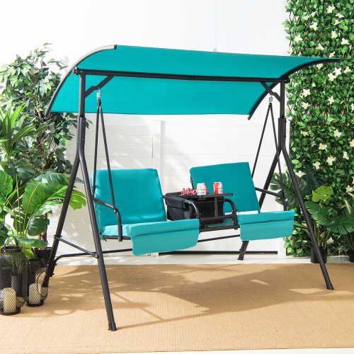 Costway 2-Person Canopy Porch Swing Padded Chair Cooler Bag Rotatable Tray Turquoise\Beige\Black