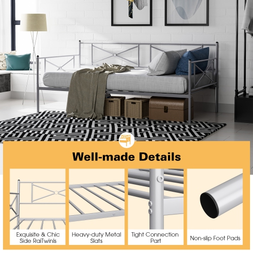 Costway Metal Daybed Frame Twin Size Slat Support Mattress Foundation Living Room White\Black\Silver