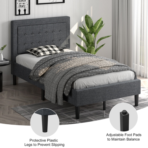 Costway Twin Size Upholstered Bed Frame Button Tufted Headboard Mattress Foundation Grey