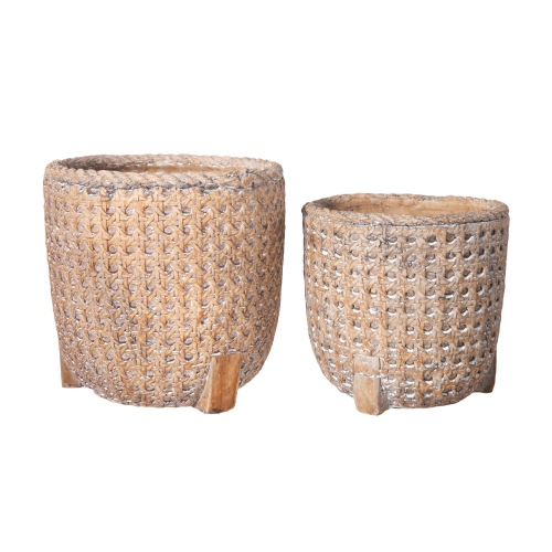 Terracotta Round Pot with Jute Rope Lip and Cross Weave Design Body Set of Two Washed Finish Amber