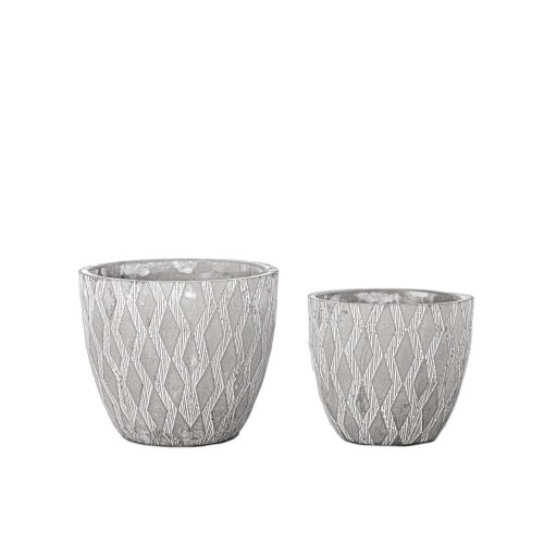 Cement Round Pot with Vector Diamond Pattern Design Body Set of Two Washed Concrete Finish Gray