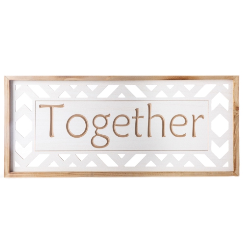 Wood Rectangle Wall Art with Carved Writing "Together" and Side Cutout Shapes Design Painted Finish White
