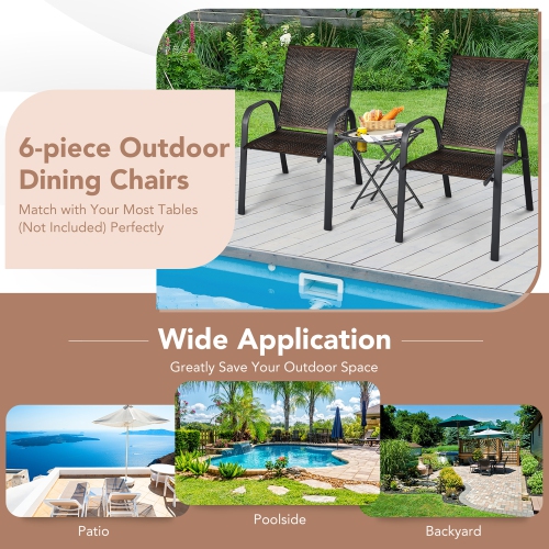 Gymax 6PCS Outdoor PE Wicker Stacking Dining Chairs Patio Arm Chairs