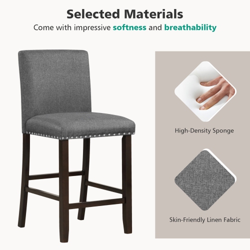 Gymax Set of 4 Bar Stools Linen Fabric Counter Height Chairs for Kitchen Island Grey