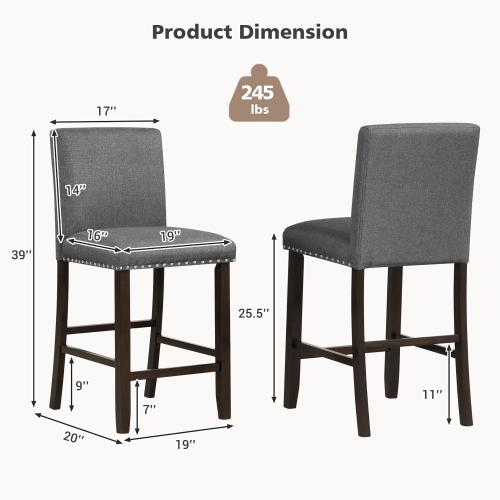 Gymax Set of 2 Bar Stools Linen Fabric Counter Height Chairs for Kitchen Island Grey