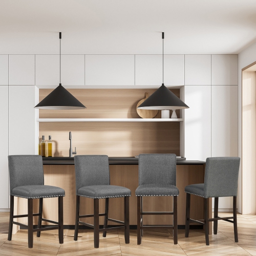 Gymax Set of 2 Bar Stools Linen Fabric Counter Height Chairs for Kitchen Island Grey