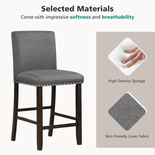 Gymax Set of 2 Bar Stools Linen Fabric Counter Height Chairs for Kitchen Island Grey