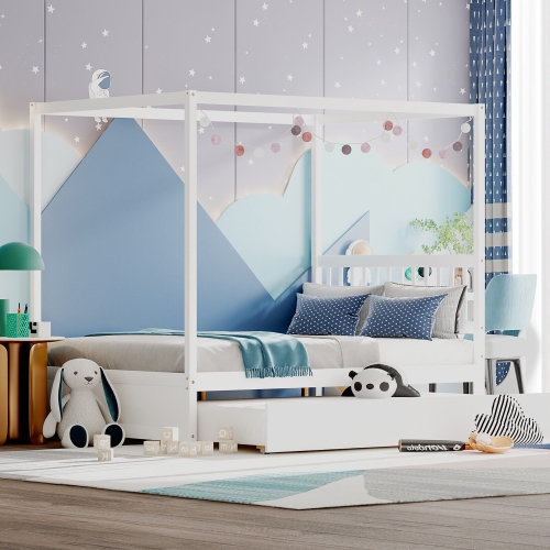 Gymax Full Size Canopy Bed with Trundle Wooden Platform Bed Frame Headboard