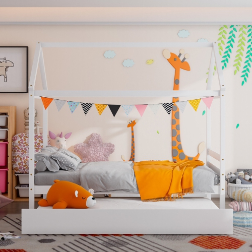 Gymax Twin House Bed Frame w/ Trundle Roof Wooden Platform Mattress Foundation