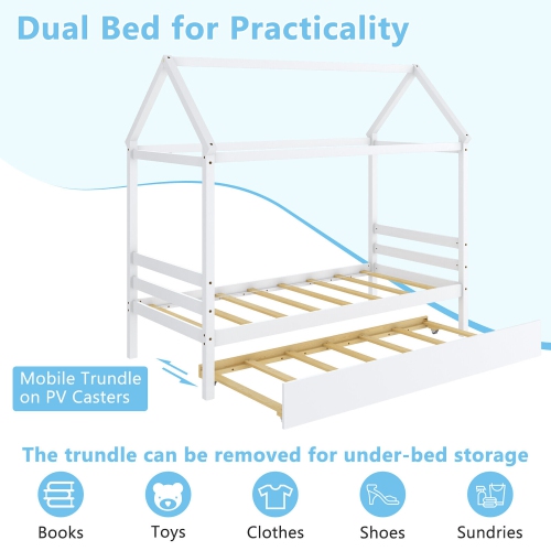 Gymax Twin House Bed Frame w/ Trundle Roof Wooden Platform Mattress Foundation