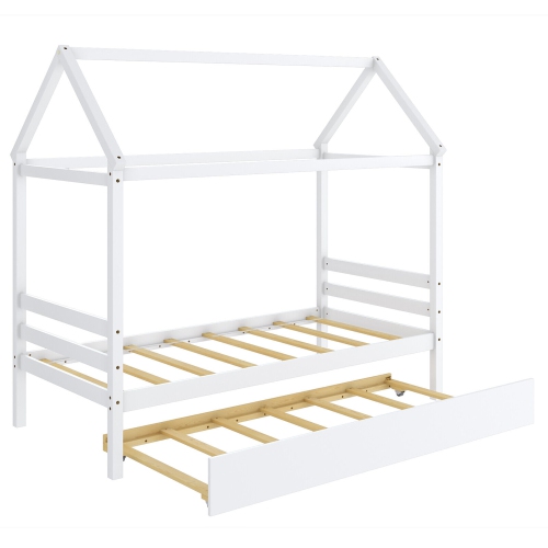 Gymax Twin House Bed Frame w/ Trundle Roof Wooden Platform Mattress Foundation