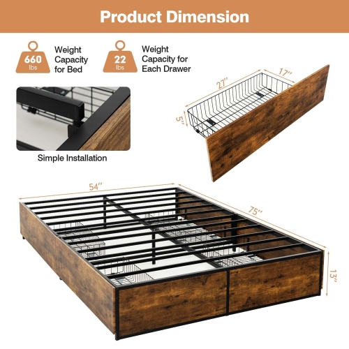 Gymax Full Industrial Platform Bed Frame with 4 Drawers Storage Mattress Foundation