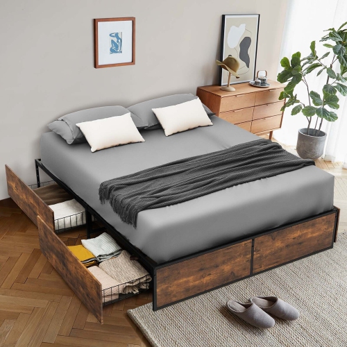 Gymax Full Industrial Platform Bed Frame with 4 Drawers Storage Mattress Foundation